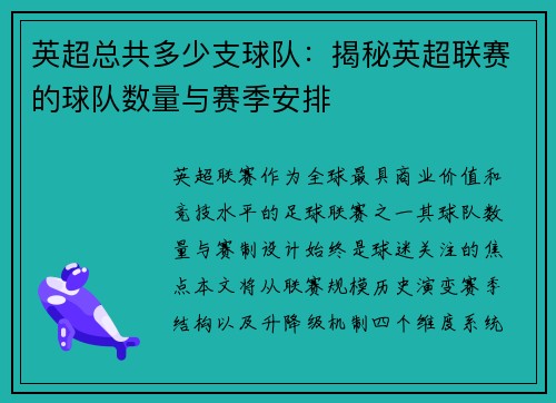 英超总共多少支球队：揭秘英超联赛的球队数量与赛季安排