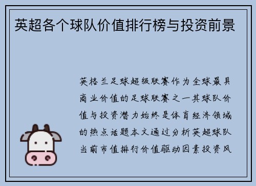 英超各个球队价值排行榜与投资前景