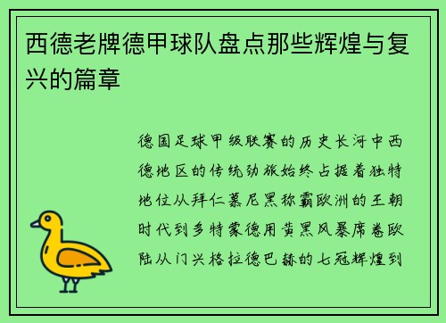 西德老牌德甲球队盘点那些辉煌与复兴的篇章