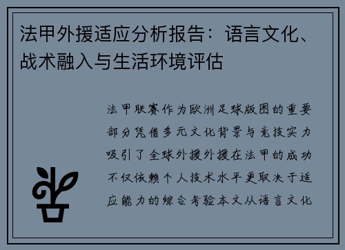 法甲外援适应分析报告：语言文化、战术融入与生活环境评估